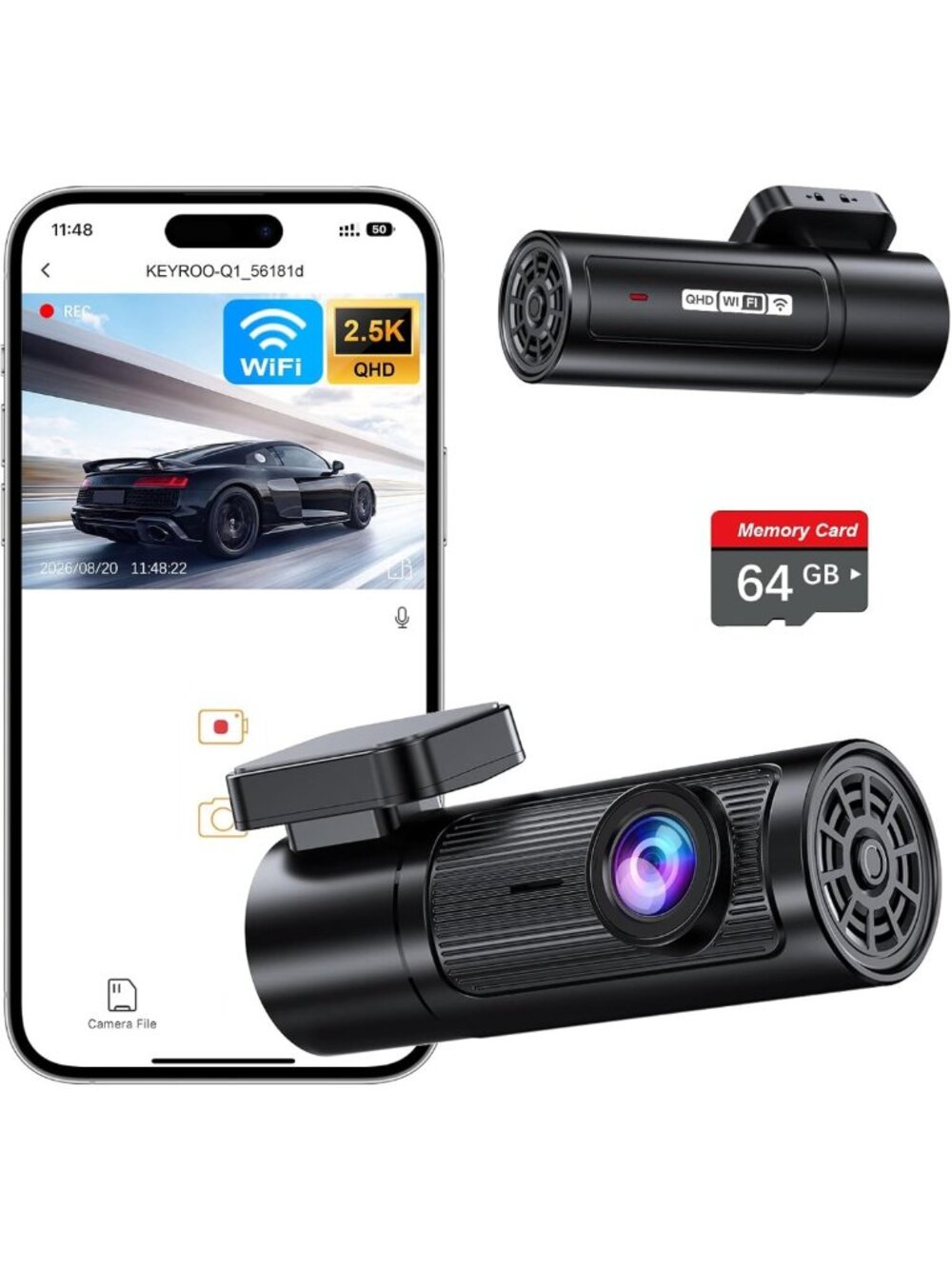 2.5K Front Dash Cam with WiFi, 64GB Card, Mini Size, Easy App Access